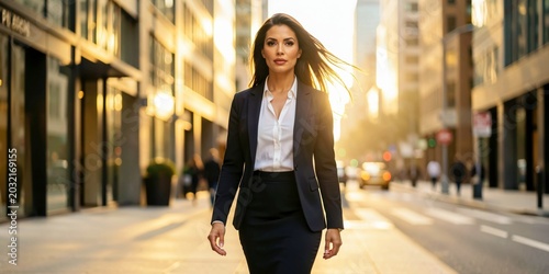 Confident Businesswoman Walking on City Street at Golden Hour with Wind Blown Hair Urban Portrait.

