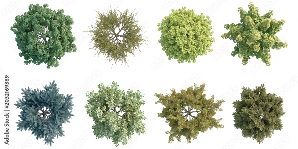 Naklejka premium Set of eight different green trees viewed from above for architectural landscape design plans Vector, illustration