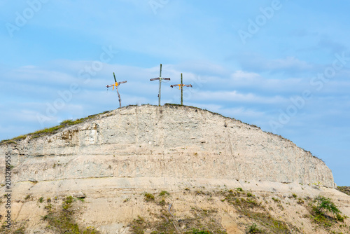 Obraz na płótnie Colombia, three wooden crosses on a hilltop.