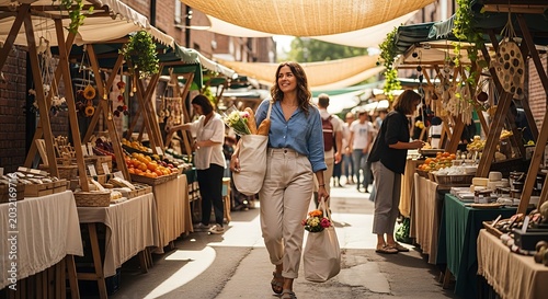 A Vibrant Market Day: A woman walks through a bustling outdoor market, laden with shopping bags, amidst stalls overflowing with fresh produce and artisanal goods.