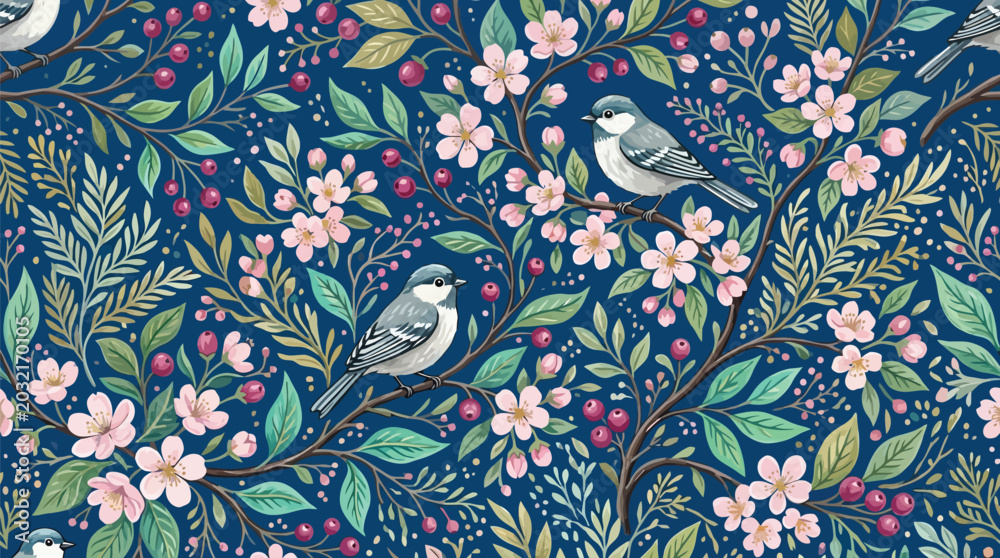 Fototapeta premium Vintage floral pattern with songbirds and berry branches