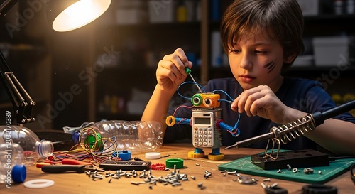 A curious young boy, with a smudge of dirt on his cheek, intensely works on building a colorful robot model at his workbench, illuminated by a warm desk lamp.