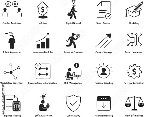 Budget solid icon set. Containing cash flow, planning, presentation, revenue, savings, spending, income, allocation, and cost estimate icons collection.