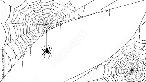 Minimalist corner spider web illustration with hanging spider for Halloween border designs