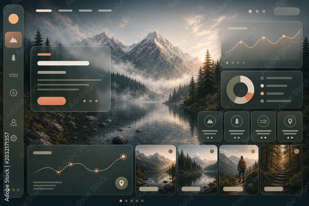Naklejka premium Design of an interface showing nature with mountains, a river, and data visualizations for outdoor activities in the morning