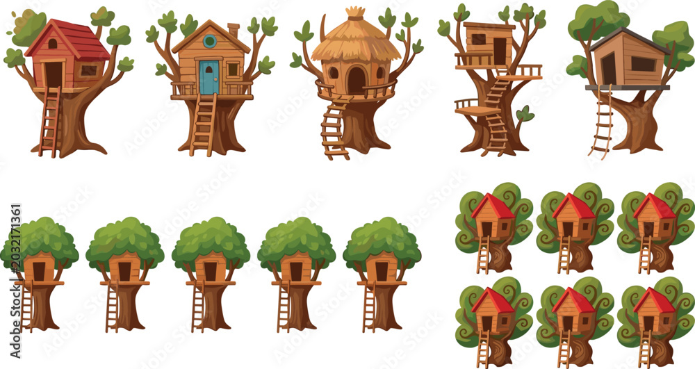Fototapeta premium Cartoon Treehouse Illustration Collection with Wooden Forest Homes, Fantasy Tree Cabins, Adventure Playhouses, and Cute Nature Architecture Designs