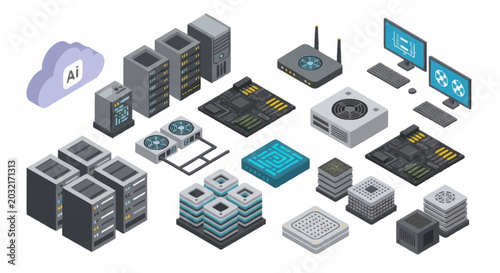 Isometric Illustration of Modern Computer Technology and Data Servers.