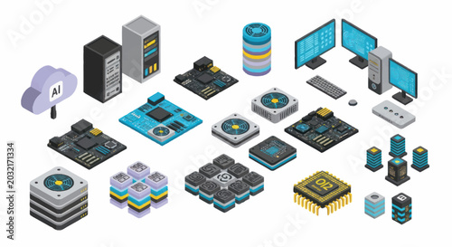 Isometric Illustration of Various Computer Hardware Components.