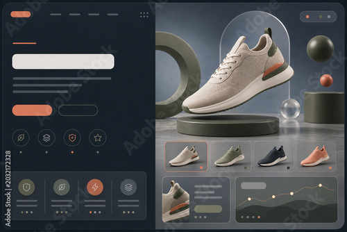 Modern sneaker design displayed on a stand with various elements in a simple layout for showcasing products