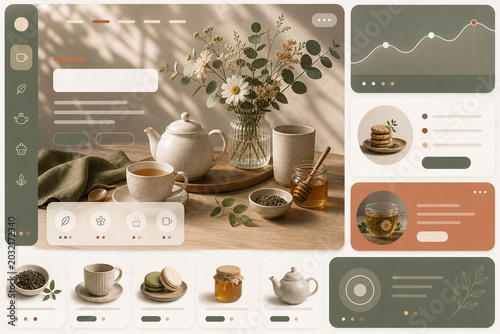 Design of a tea and herbal products website with various elements and a floral arrangement on a wooden table