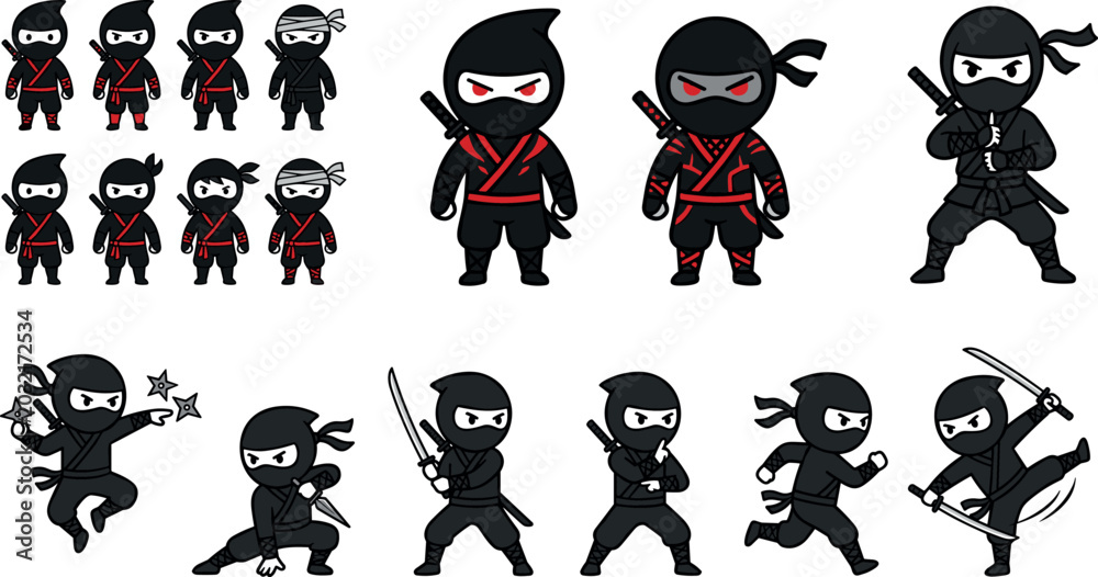 Obraz premium Cute Ninja Warrior Character Collection with Cartoon Martial Arts Fighters, Samurai Weapons, Stealth Poses, and Action Combat Illustrations