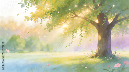Large tree in a colorful meadow