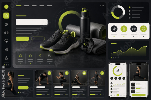 Fitness app interface with workout data and tracking features displayed on a dark background with green highlights