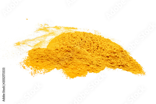 Photos Heap of bright yellow turmeric powder isolated on Transparent background with scattered spice dust, studio macro close-up, high key lighting, minimal food ingredient concept