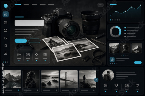 Camera setup with lenses and photos on dark surface displaying modern design and digital tools for photographers