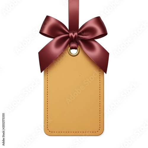 Brown gift tag with a maroon bow isolated on white background