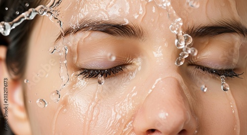 A close-up, dynamic shot of water splashing onto a woman’s face while her eyes are closed, emphasizing hydration and cleanliness