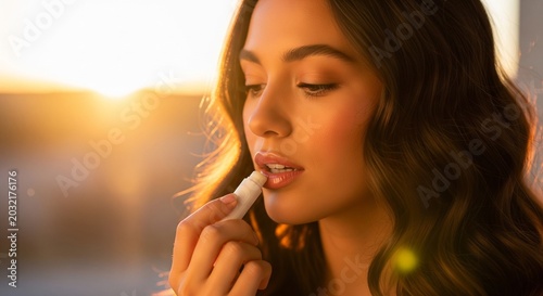 A close-up of a young woman with wavy hair applying lip balm or lipstick from a white tube, bathed in the warm golden light of a sunset