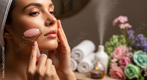 A woman using a pink quartz facial roller on her cheek in a spa-like setting with blurred towels, a candle, and flowers in the background