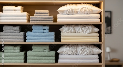 Wooden shelves neatly organized with stacked white, blue, grey, and pastel green towels and bed linens, alongside neatly arranged pillows
