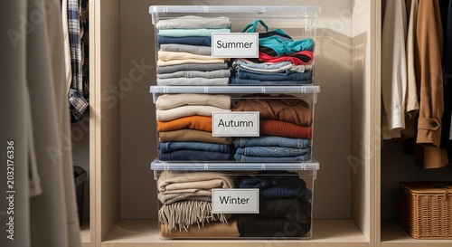 Three clear plastic storage bins stacked vertically inside a closet, labeled 