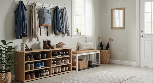 A clean and organized home entryway hallway featuring a wooden shoe rack, a matching storage bench with a cushion, a wall-mounted coat rack with jackets