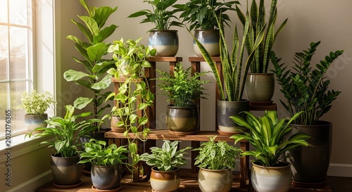 A lush collection of various green houseplants arranged on a multi-tiered wooden plant stand next to a bright window with soft sunlight streaming in