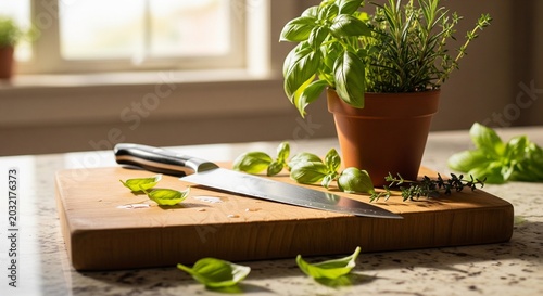 A sharp chef's knife resting on a wooden cutting board, surrounded by fresh green basil leaves, with a potted herb plant in the background on a sunlit kitchen counter