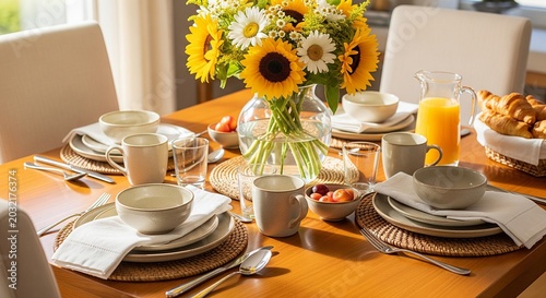 A beautifully arranged wooden dining table set for breakfast or brunch, featuring ceramic plates and bowls, fresh croissants in a basket, orange juice in a pitcher