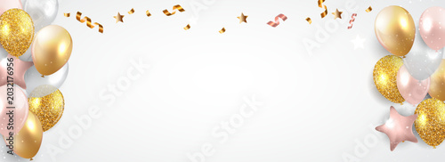 Celebration balloons with confetti stars and streamers isolated on transparent background for festive designs