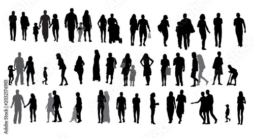 Collection of diverse silhouettes showing various people and family groups in different poses isolated on transparent background