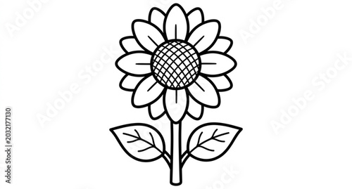 Easy sunflower flower coloring book page vector outline illustration for children on white background