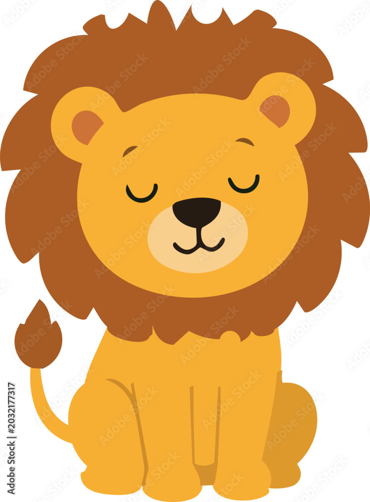 Obraz premium A cute smiling lion with a fluffy brown mane sits calmly in a simple flat vector illustration style designed for children and nursery decor.