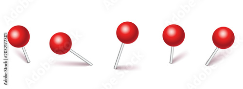 Set of five red push pins with metallic stems isolated on transparent background for graphic design use