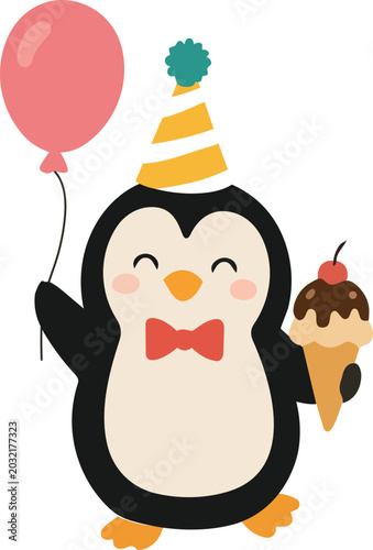 A cute cartoon penguin wearing a party hat and bow tie while holding a balloon and ice cream cone is illustrated in a playful flat vector style for birthday celebrations.