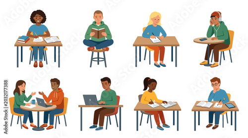 Students of different ethnicities study and work on laptops at desks in a classroom setting.