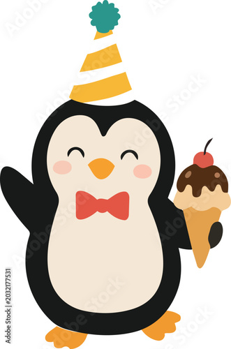 A cute cartoon penguin wearing a striped party hat and red bow tie while holding an ice cream cone is illustrated in a playful flat vector style for birthday and celebration themes.