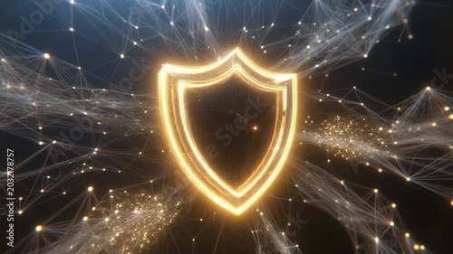 Glowing shield symbol surrounded by abstract network lines in luminous style on dark background, concept of cybersecurity