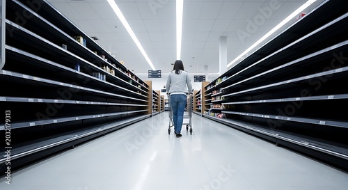A lone shopper pushes a cart down an aisle with empty shelves in a supermarket, highlighting scarcity and consumer concern.