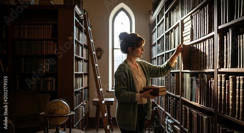 A woman in a cardigan selects a book from a tall, antique bookshelf in a dimly lit library, a globe visible on a table nearby.