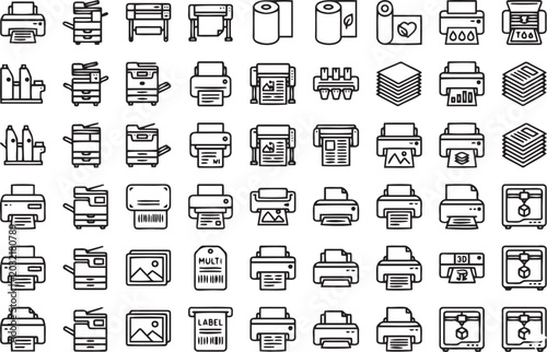 Bild auf Leinwand Collection of hand drawn printer and printing equipment icons featuring various