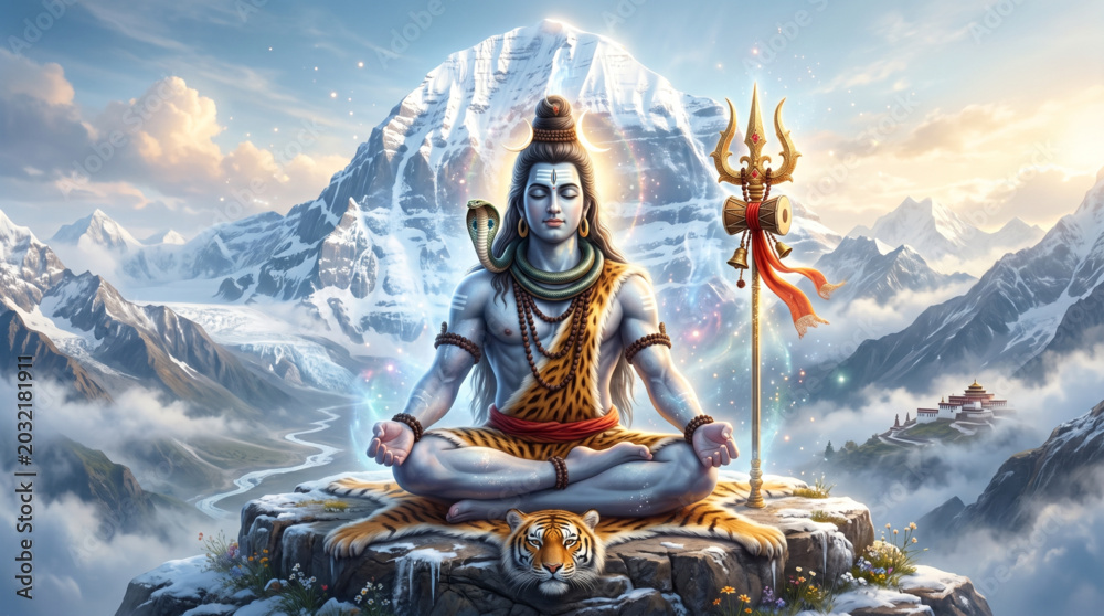 Fototapeta premium Divine Lord Shiva meditating before Mount Kailash for spiritual devotion and sacred festival artwork