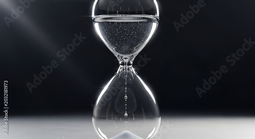An hourglass with water flowing from the top bulb to the bottom, symbolizing the passage of time and the preciousness of every moment.
