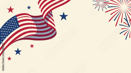 Foto Waving Red White Blue Banner with Festive Firework Display Background Illustrati
