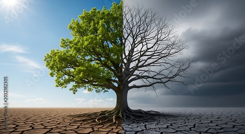A single tree stands divided, one half vibrant and green under a bright sky, the other half barren and skeletal under ominous storm clouds, symbolizing the stark contrast between life and decay.