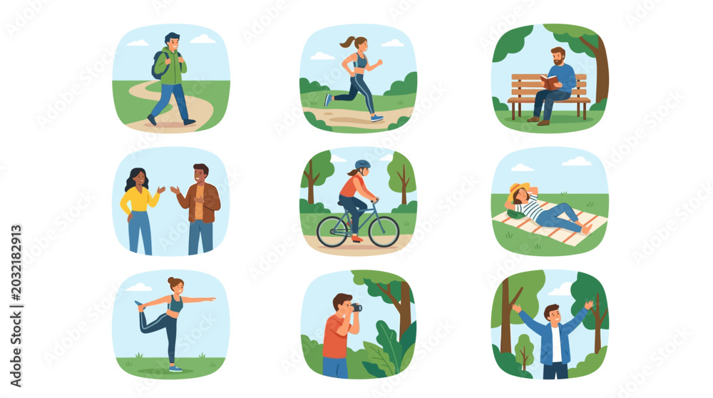 Fototapeta premium People engage in fitness activities outdoors in park setting with friends and nature