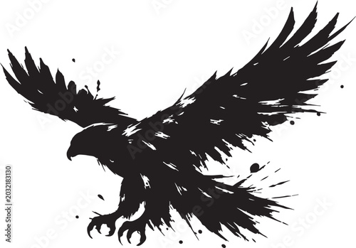 Tableau sur toile A black and white silhouette of a falcon in dynamic ink splash style  vector wit