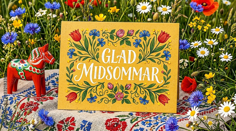 Obraz premium Glad Midsommar Greeting Card With Swedish Floral Folk Art, Dala Horse and Summer Flowers