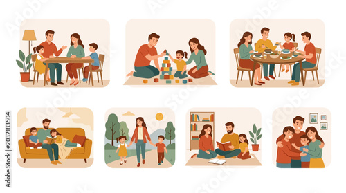 Family members interact and play together indoors in various settings and activities daily.