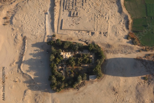 Aerial view of Habu temple and surrounding area in the west bank in Luxor